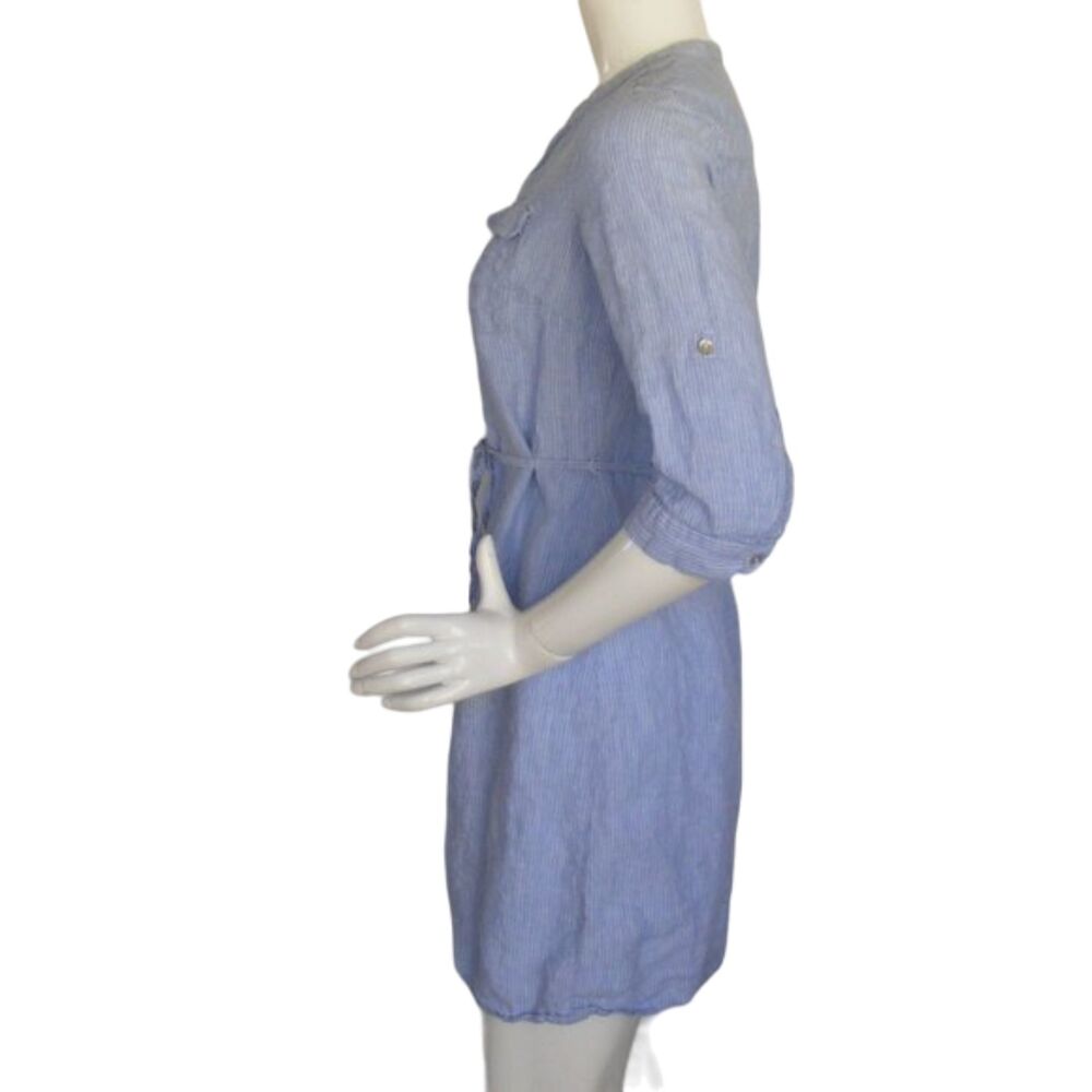 MALVIN Linen Dress, M, Blue, thin white stripe, Mini, Pockets, Sash belt - Picture 7 of 14